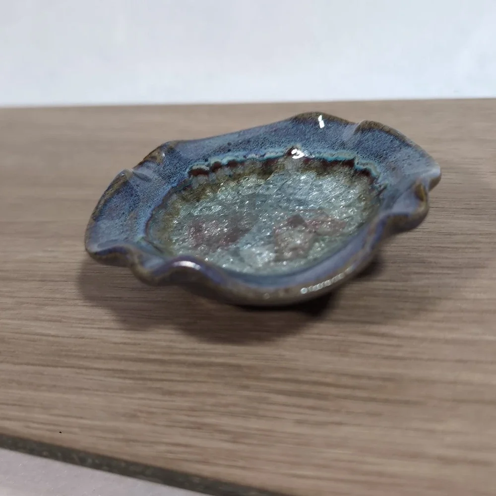 Studio Pottery Wavy‎ Edge Glazed Melted Crackled Glass Trinket Ring Dish Geode